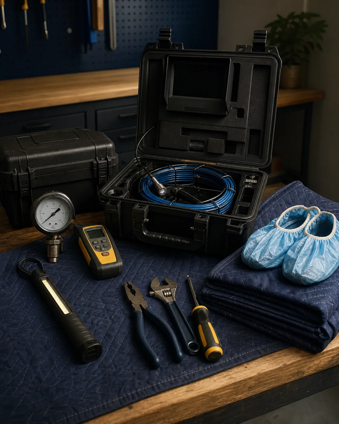 Plumbing diagnostic tools and protective equipment prepared for service