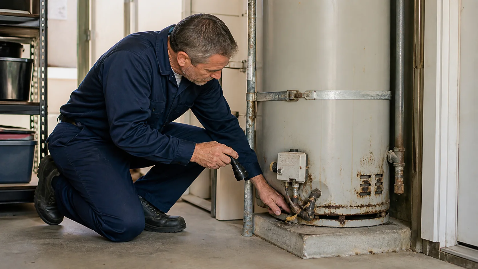 Older tank water heater showing corrosion near its base