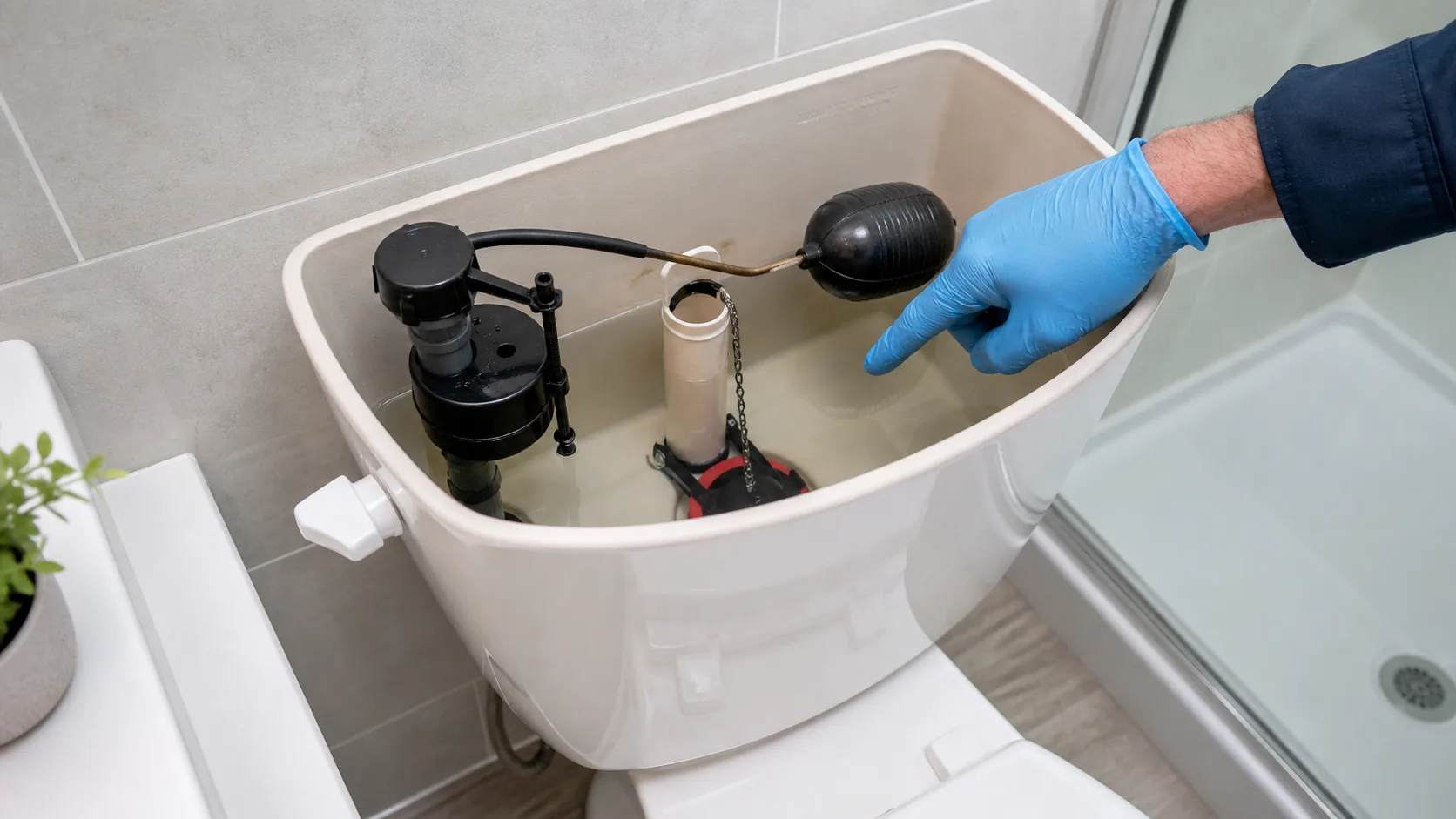 Open toilet tank with fill valve and flapper visible