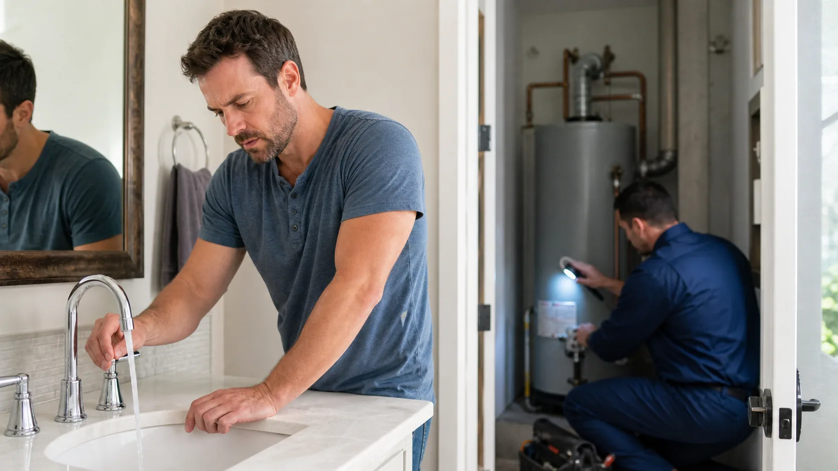 Homeowner checking a faucet while a water heater is inspected